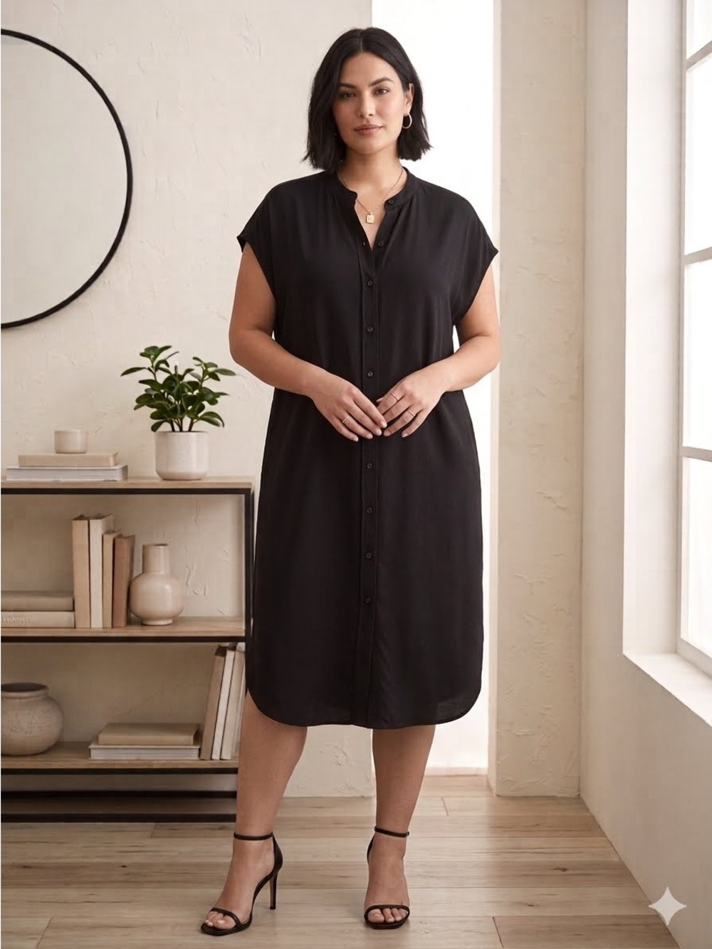 Quince Black Washable Stretch Silk Midi Short Dolman Sleeve Shirt Dress XL